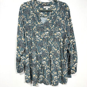 Coldwater Creek Women's Novelty Print Pleated Top Sz 3X Green Deer Nostalgic